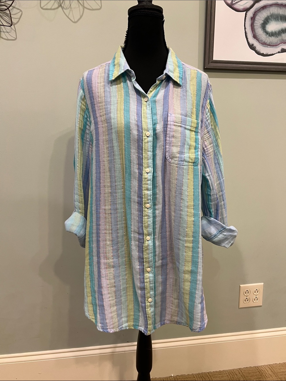 St. John's Bay Pastel Striped Button-Down Shirt - Blue, Green, Yellow, Purple